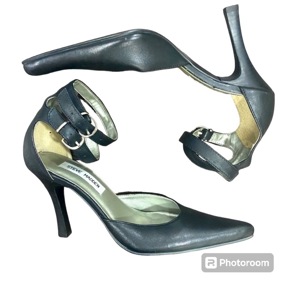 Steve Madden Black Pointy Toe Leather Upper Two Strap High Heel Shoes Size 6.5